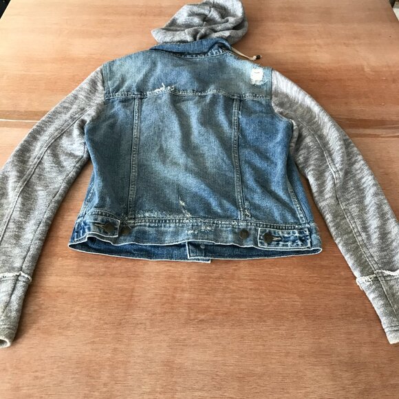 Free People Denim Jacket Women S Blue Hooded Distressed Button Up Long Sleeve - Picture 2 of 13